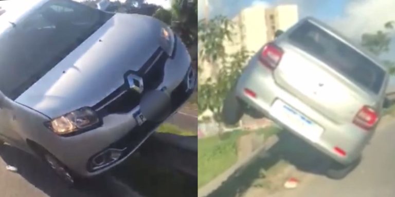 SÃO CRISTÓVÃO: Motorista perde controle e carro sobe em grade de proteção de viaduto