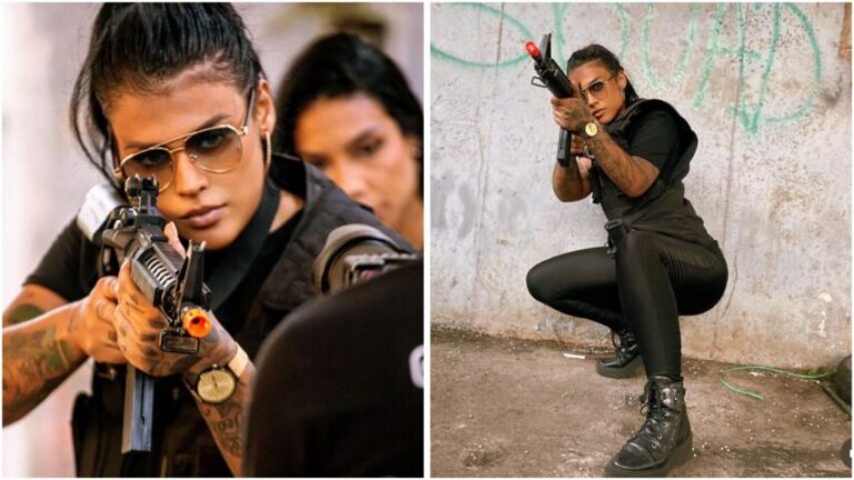 ”MALVADA”: Influenciadora Lai Mattos posa com arma cenográfica para gravação de clipe