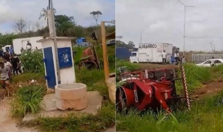PERDEU O CONTROLE DA DIREÇÃO: Carreta tomba na BR-324 e caminhoneiro fica ferido
