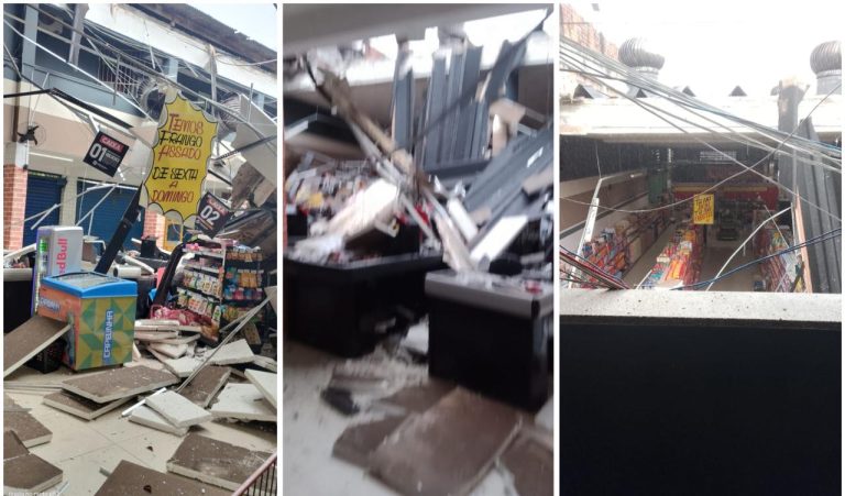 CHUVA FORTE: Parte do telhado de supermercado desaba em Mata de São João