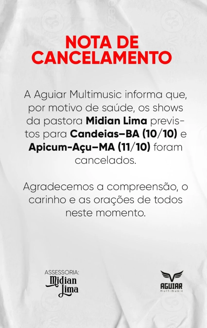 Candeias: Midian Lima cancela show na Semana Evangélica por problemas de saúde