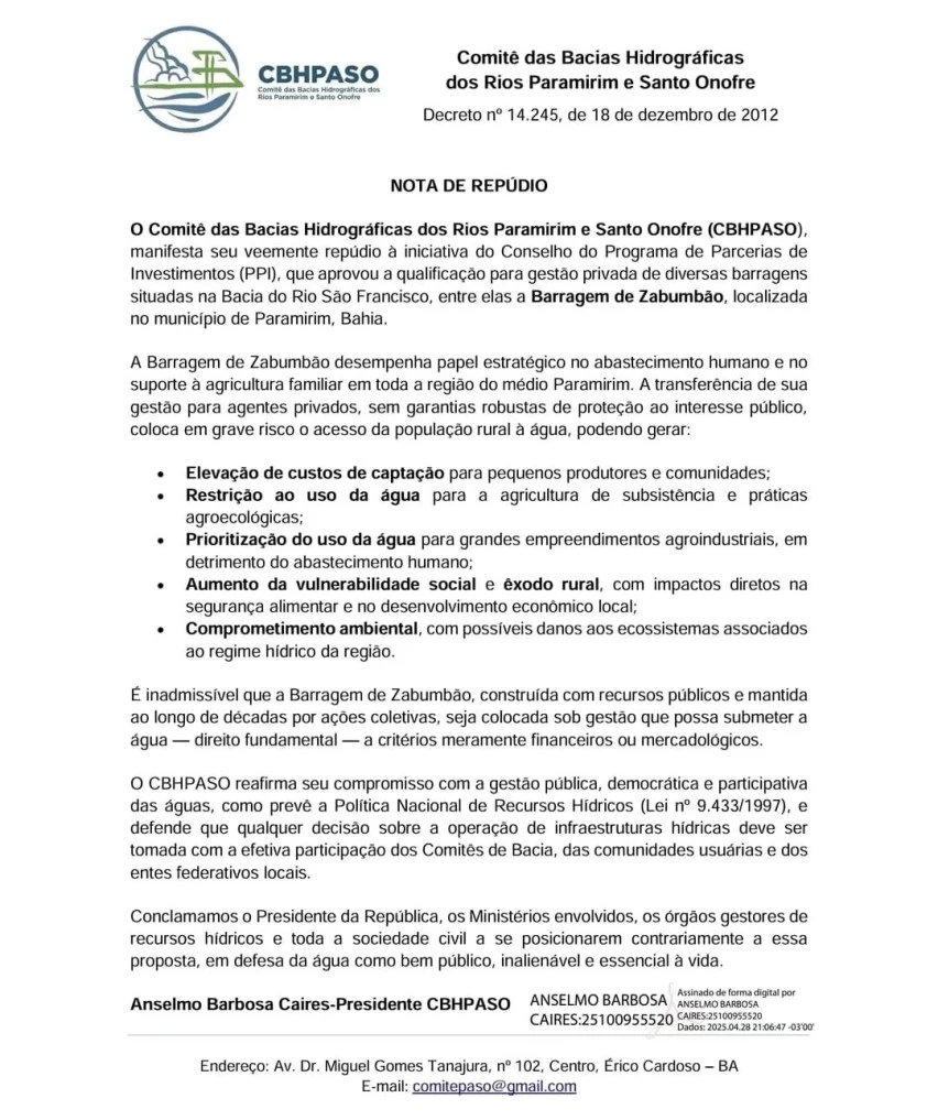- Comitê repudia privatização da Barragem de Zabumbão e alerta para riscos à população de Paramirim