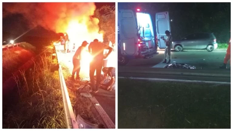 DUAS PESSOAS FERIDAS: Carro bate na traseira de moto em Praia do Forte e provoca em incêndio