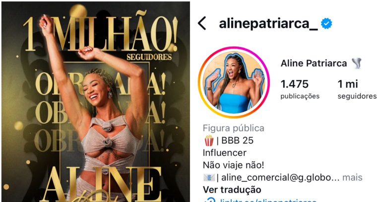 Aline Patriarca atinge a marca de 1 milhão de seguidores no Instagram