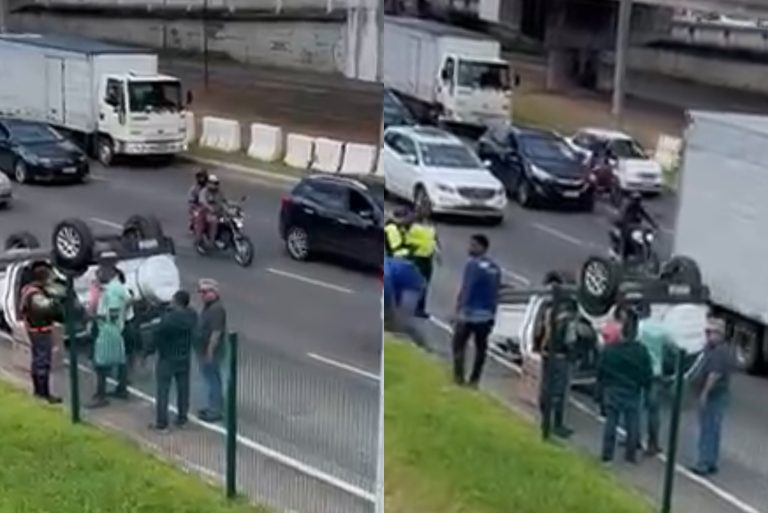 FERIMENTOS LEVES: Motorista capota carro na Bonocô após perder controle do veículo