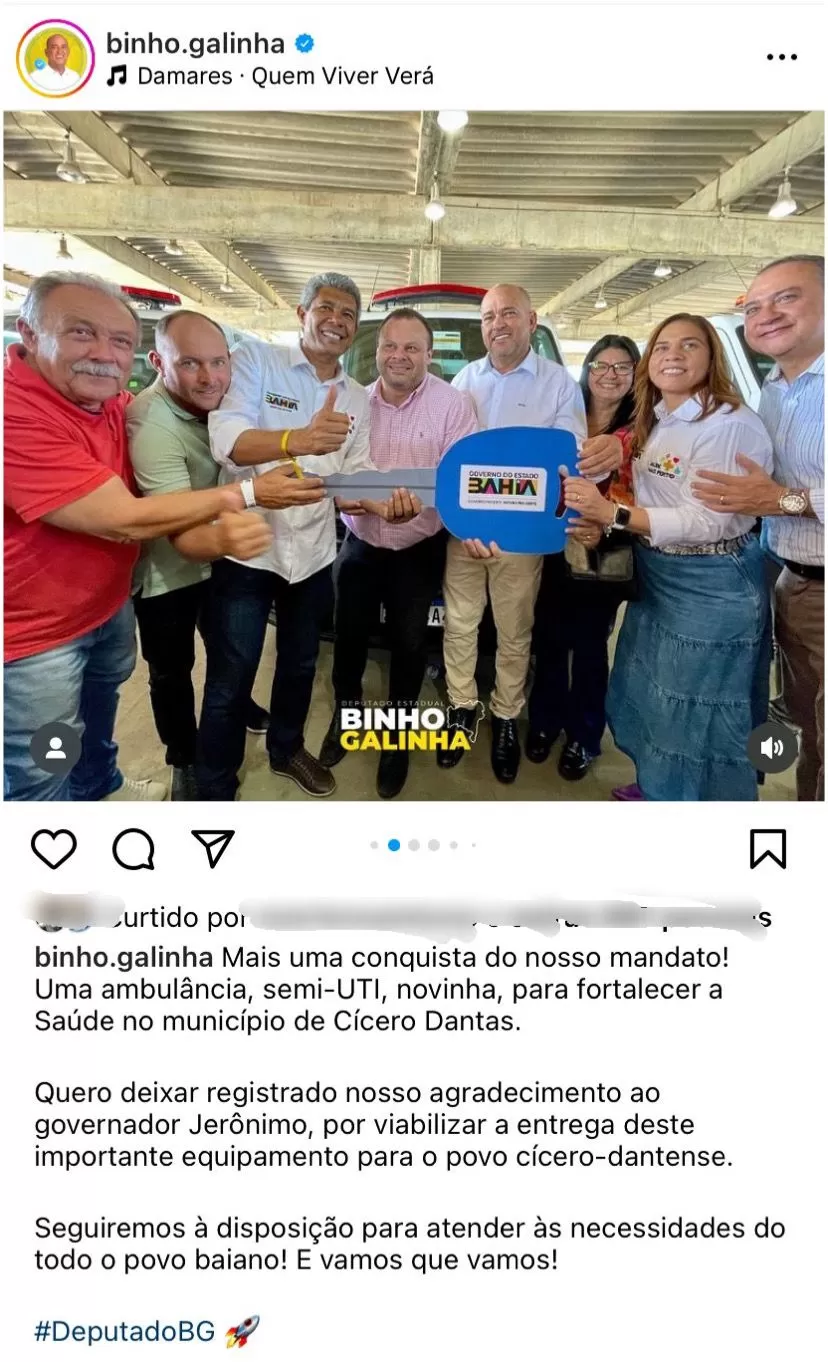 Alvo da PF, Binho Galinha posta foto com Jerônimo e comemora ambulância para cidade baiana 1 - Alvo da PF, Binho Galinha posta foto com Jerônimo e comemora ambulância para cidade baiana
