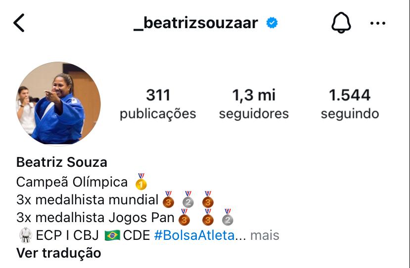 BIA É O MOMENTO! Judoca ganha mais de 1 milhão de seguidores após conquistar primeiro ouro do Brasil em Paris 1 - BIA É O MOMENTO! Judoca ganha mais de 1 milhão de seguidores após conquistar primeiro ouro do Brasil em Paris