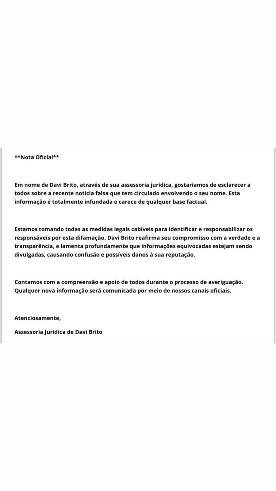 - FAKE NEWS: Davi Brito se pronuncia após acusação de ameaças contra sua antiga affair Tamires de Assis