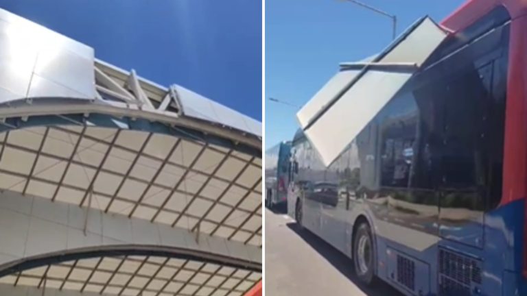 DESPENCOU! Placa de ferro cai sobre ônibus do metrô no Aeroporto de Salvador