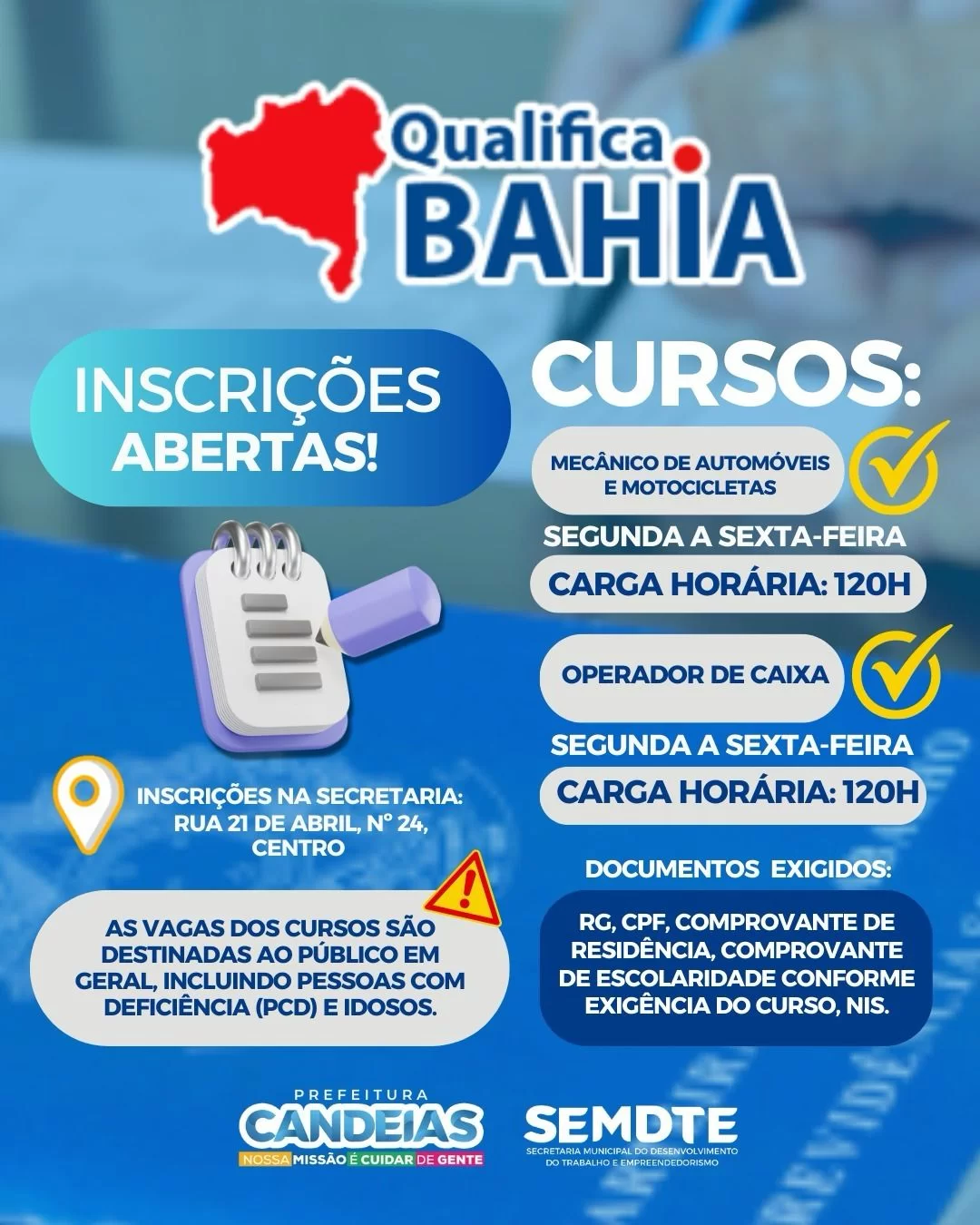 - CANDEIAS: Prefeitura abre inscrições em cursos de qualificação para jovens e adultos