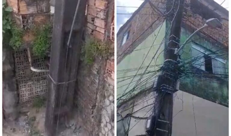 Moradores denunciam que poste está prestes a cair e é segurado por fios em São Marcos