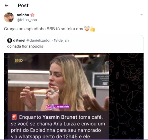 ESPIADINHA: mulher descobre traição em grupo de fofoca do BBB; entenda
