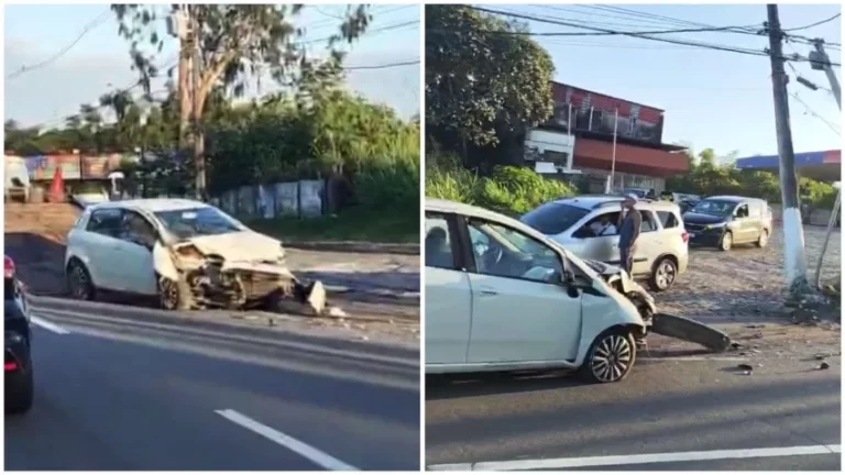 Carro colide com poste na Avenida Paralela