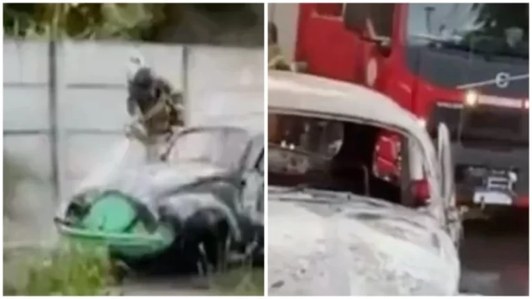 TANQUE DE GASOLINA: Fusca pega fogo e fica destruído em via de Camaçari