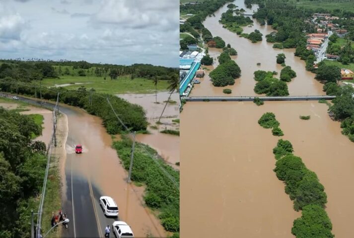 Mesmo sem chuva, rio transborda e inunda ruas em Conde